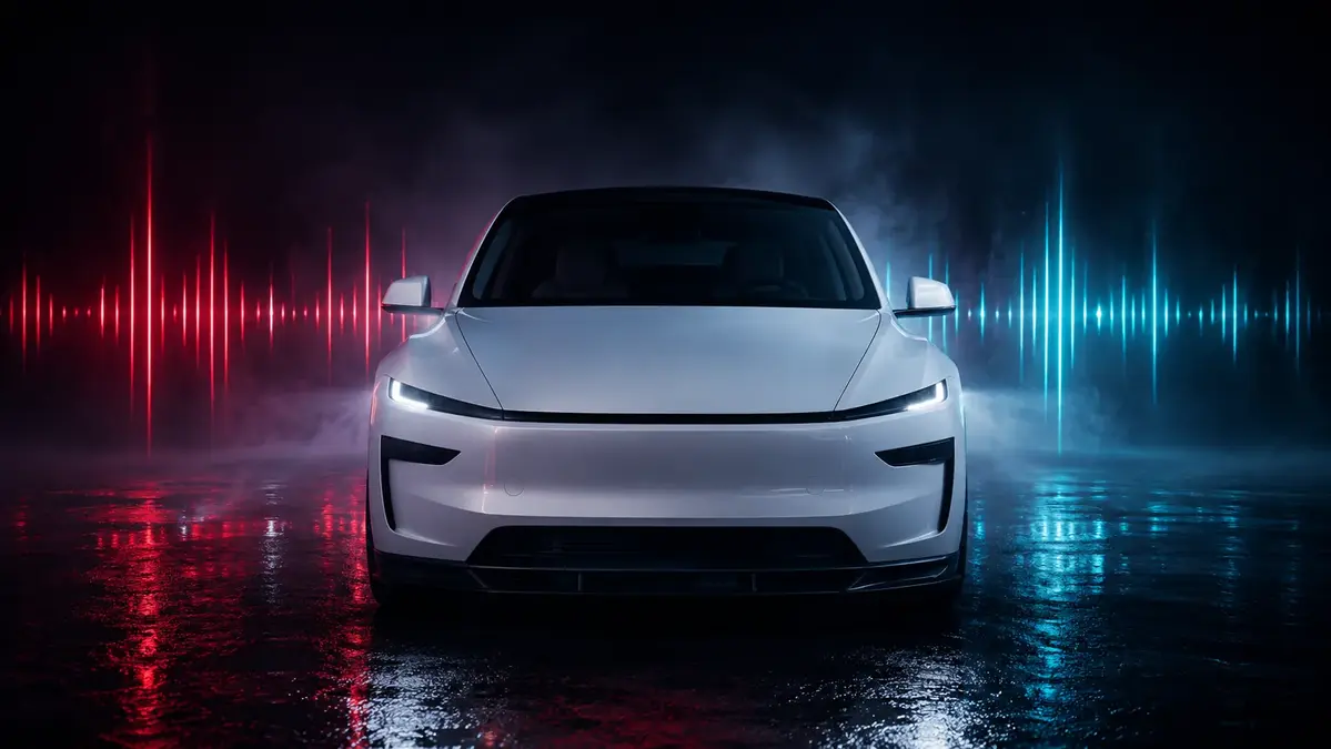 Tesla Model Y front view with red and cyan light show effects